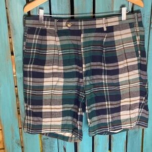 Vintage India Madras plaid shorts size 35x8 blue white tan Talon zipper